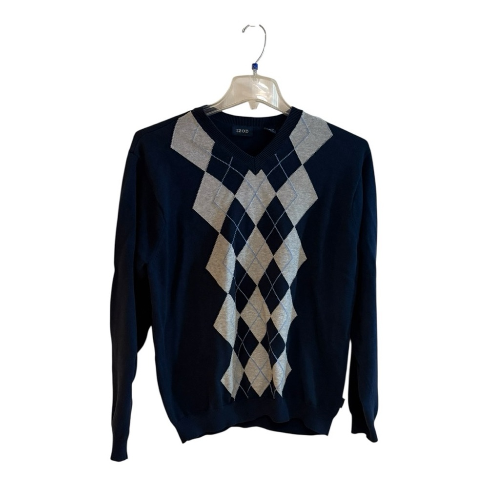Izod Men's Navy and Gray Argyle V-Neck Sweater - Picture 1 of 5
